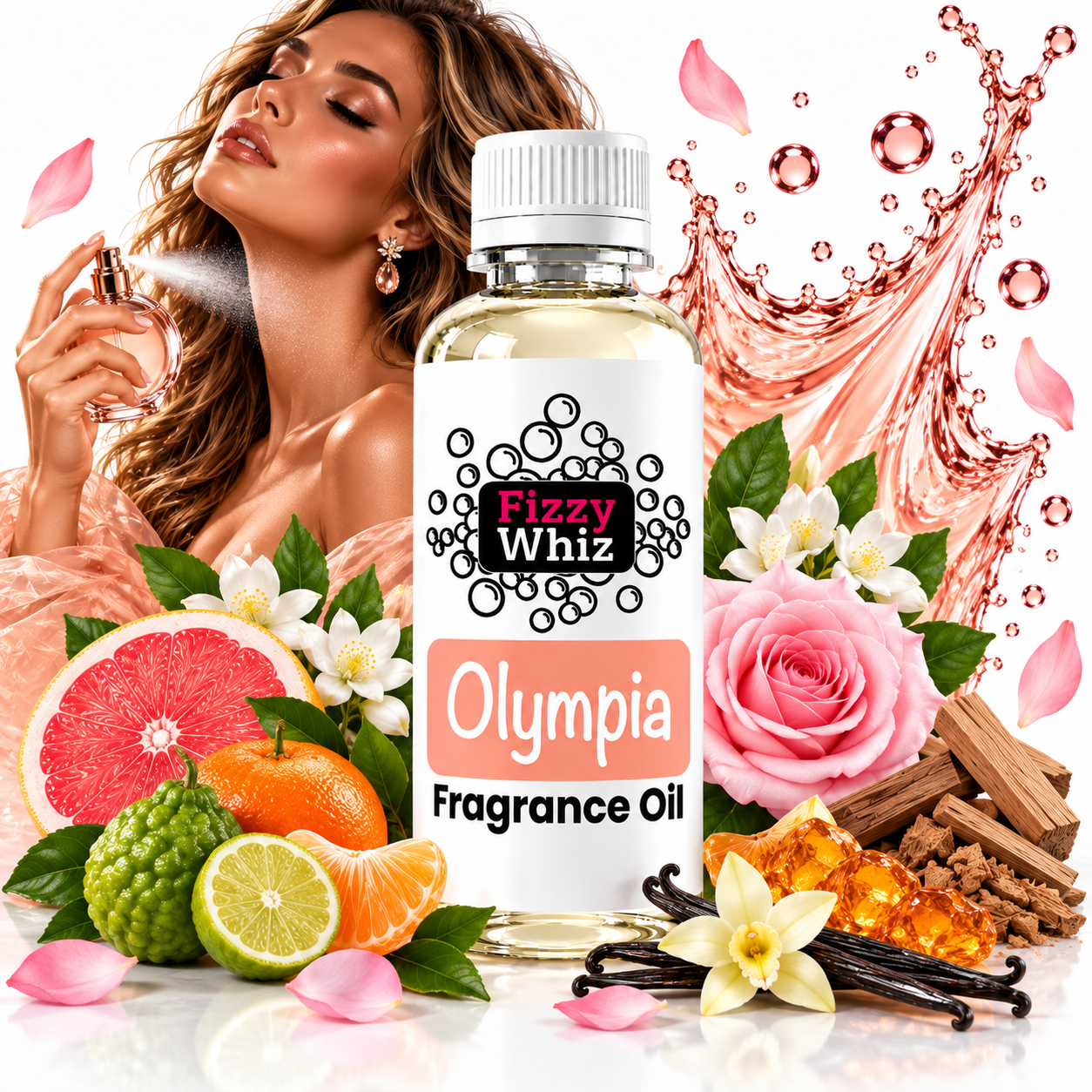 A bottle of Fizzy Whiz Olympia Fragrance Oil centered in a styled product composition, surrounded by pink roses, citrus fruits, vanilla beans, wood chips, and perfume spray, with a woman holding a perfume bottle in the background and a pink liquid splash graphic on a white backdrop.