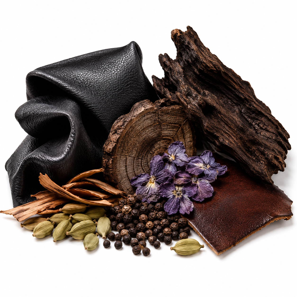 A styled flat-lay of natural materials on a white background, featuring a piece of textured black leather, a smaller piece of brown leather, a dark wood slice, dried bark, green cardamom pods, black peppercorns, and purple flowers.