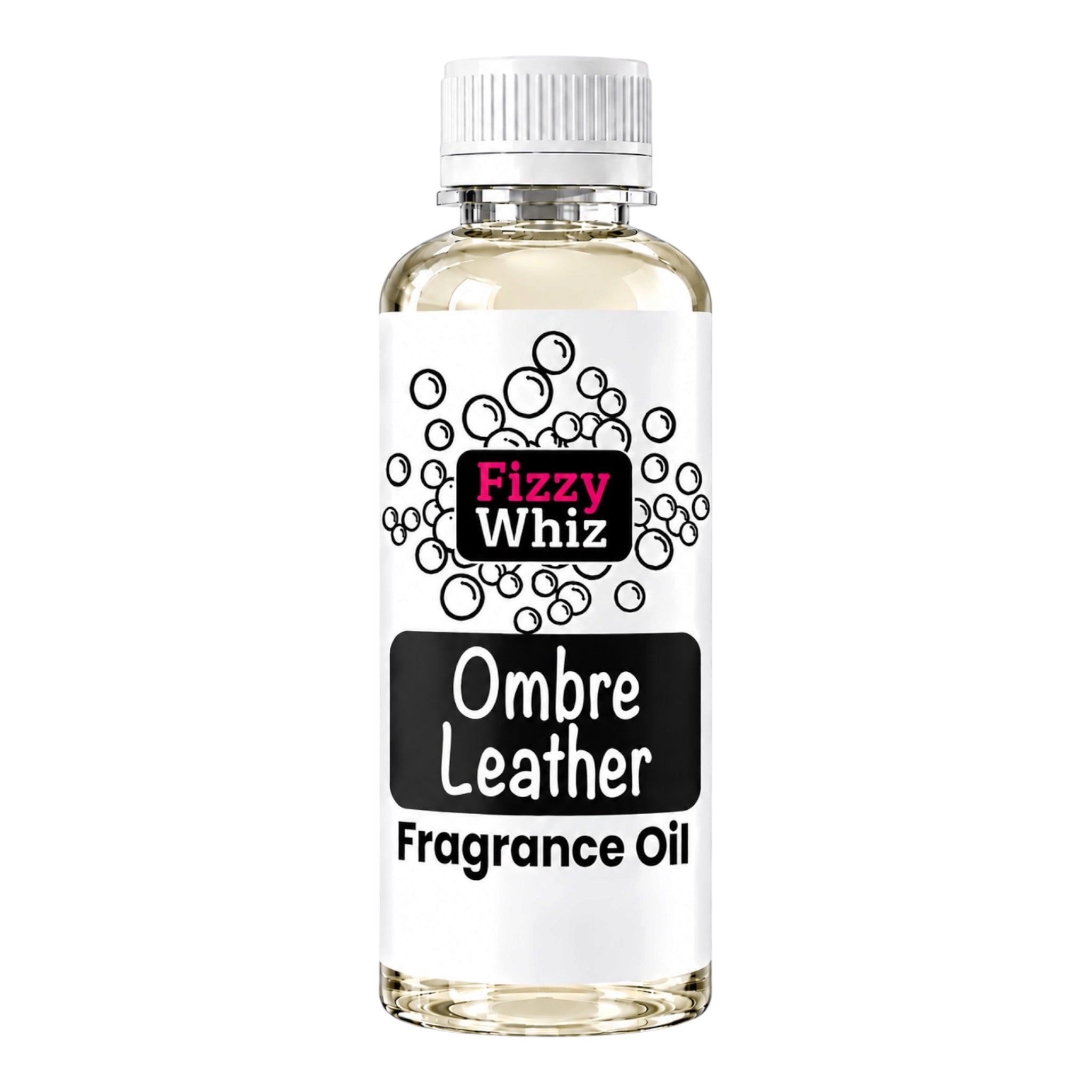 A bottle of Fizzy Whiz Ombre Leather Fragrance Oil, containing a pale yellow liquid, with a white cap and a white label featuring black and pink branding.
