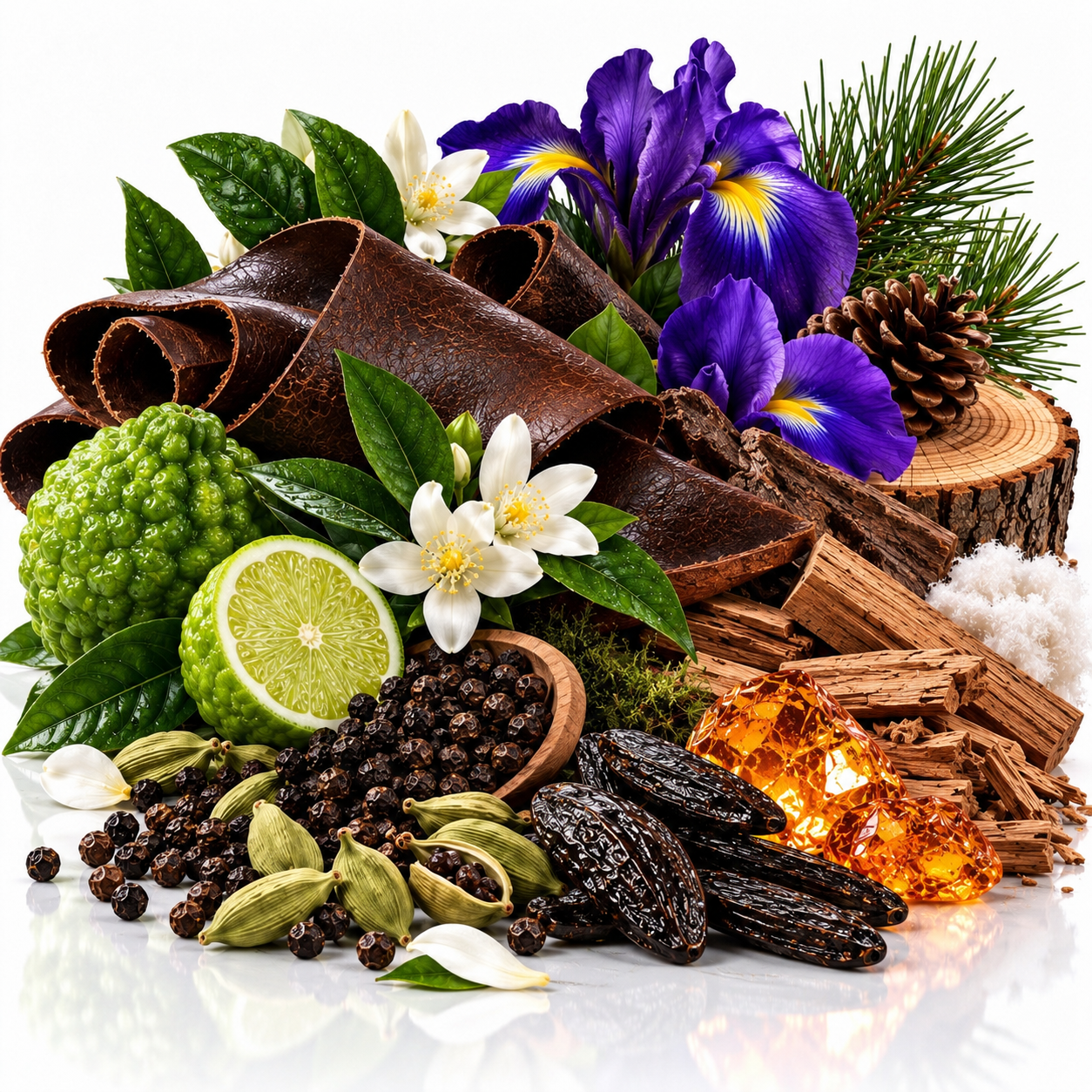A styled botanical ingredient arrangement on a white reflective surface, including dark brown leather curls, purple irises, white flowers, green leaves, a lime half, black peppercorns, green cardamom pods, dark brown dates or figs, wood bark pieces, a pinecone, and an amber crystal.