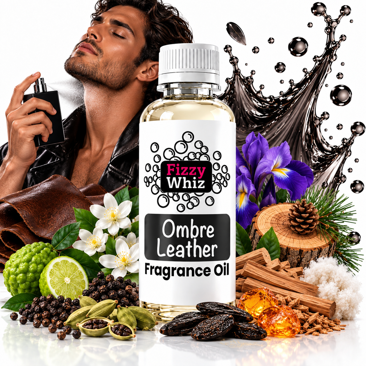 A bottle of Fizzy Whiz Ombre Leather Fragrance Oil centered in a styled product composition. The bottle is clear with pale golden liquid inside and a white cap.