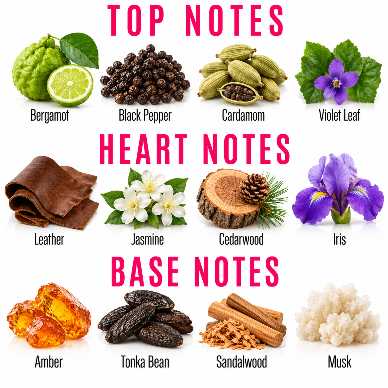 An infographic showing fragrance notes arranged in three sections labeled TOP NOTES, HEART NOTES, and BASE NOTES. The notes include Bergamot, Black Pepper, Cardamom, Violet Leaf, Leather, Jasmine, Cedarwood, Iris, Amber, Tonka Bean, Sandalwood, and Musk, each pictured with a small photo of the ingredient and a pink text label on a white background.