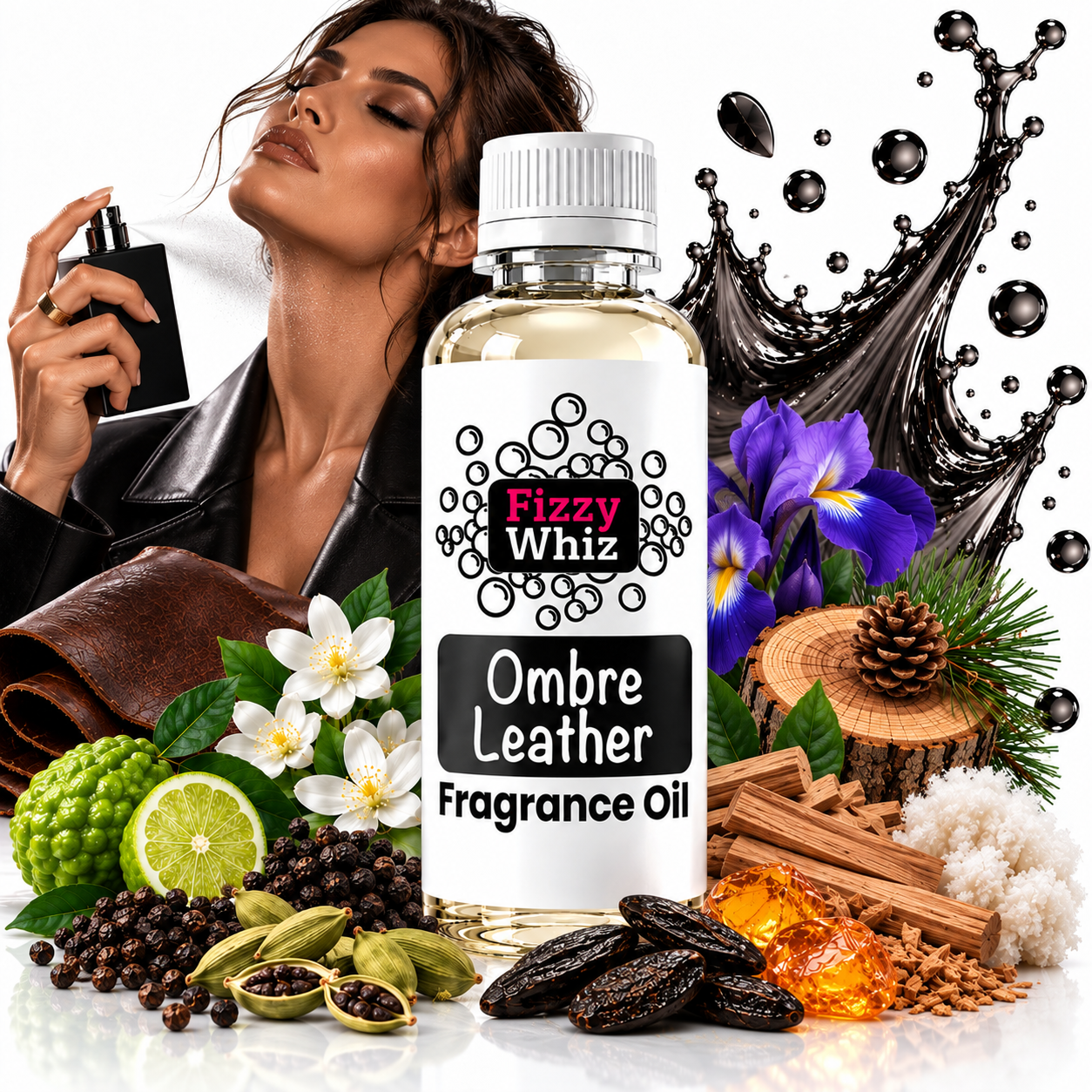 A bottle of Fizzy Whiz Ombre Leather Fragrance Oil centered in a styled composition with a woman holding a perfume spray in the background, plus leather, flowers, spices, and liquid splash graphics around the bottle.
