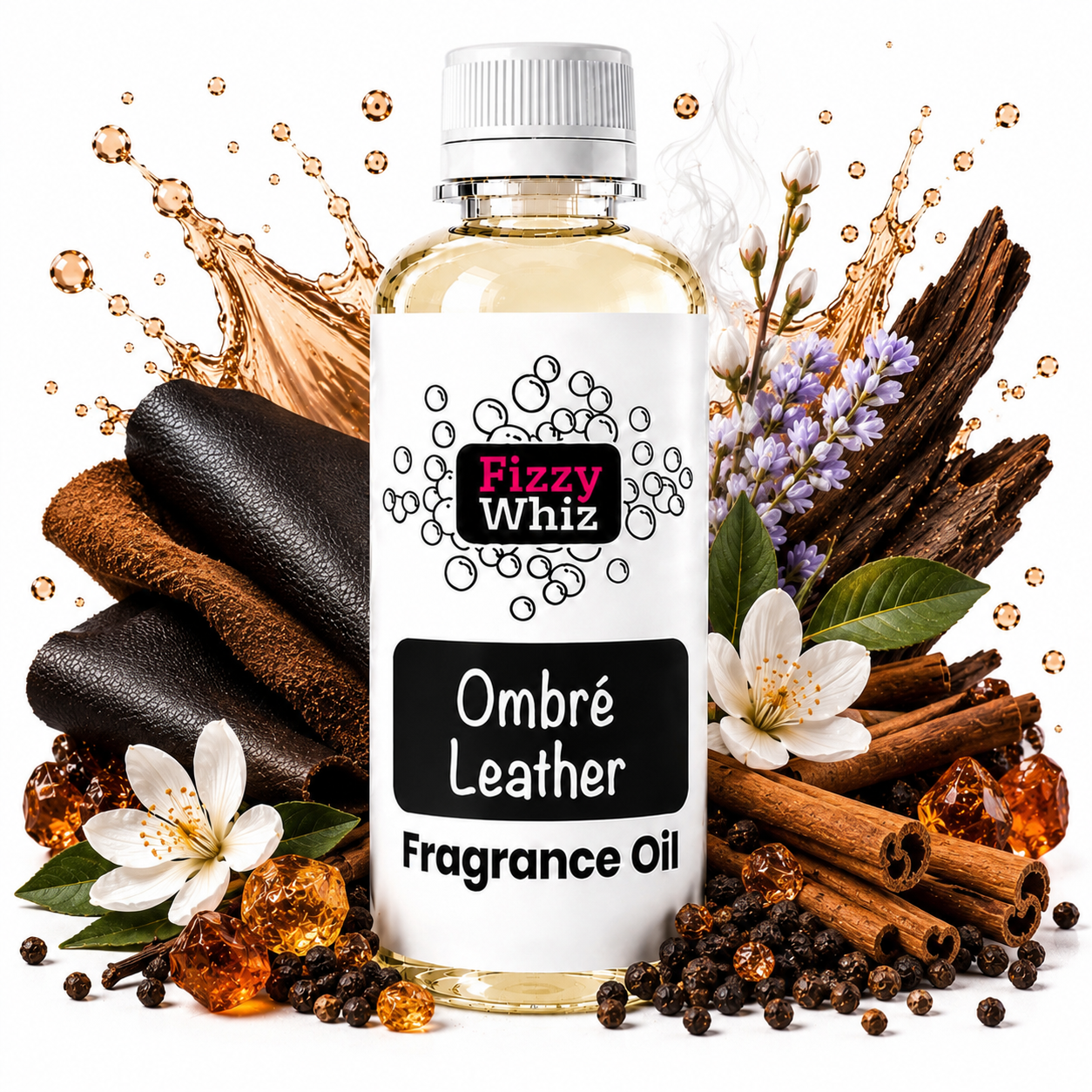 A bottle of Fizzy Whiz Ombré Leather Fragrance Oil centered on a white background, surrounded by scent ingredients including leather pieces, cinnamon sticks, white flowers, purple blossoms, peppercorns, and amber crystals.