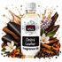 A bottle of Fizzy Whiz Ombré Leather Fragrance Oil centered on a white background, surrounded by scent ingredients including leather pieces, cinnamon sticks, white flowers, purple blossoms, peppercorns, and amber crystals.