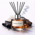 Reed diffuser labeled 'Ombre Leather' with decorative elements on a light background