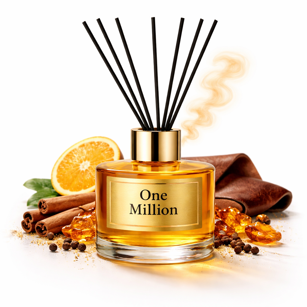 Reed diffuser labeled 'One Million' with cinnamon sticks, orange, and amber on a white background