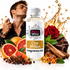 A bottle of Fizzy Whiz 'One Million' fragrance oil centered on a white background, surrounded by fragrance ingredients including citrus slices, rose, cinnamon, star anise, peppercorns, and amber crystals. A man in a black shirt is visible on the left spraying a perfume bottle, with a gold splash graphic at the top right.
