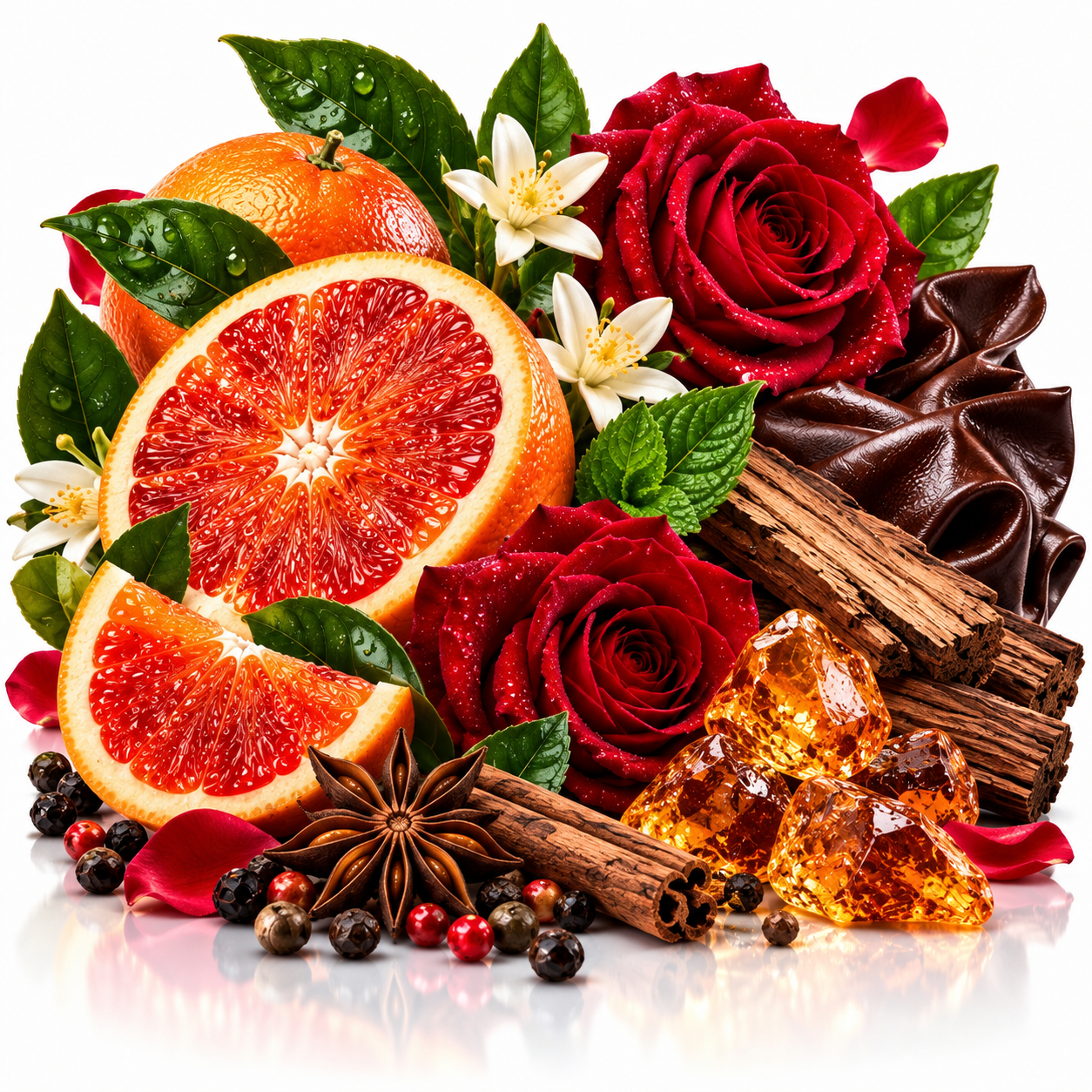 A styled still life of citrus and floral ingredients on a white reflective surface: a sliced blood orange, a whole orange, red roses, white flowers, cinnamon sticks, star anise, peppercorns, amber-colored crystals, and dark chocolate pieces.
