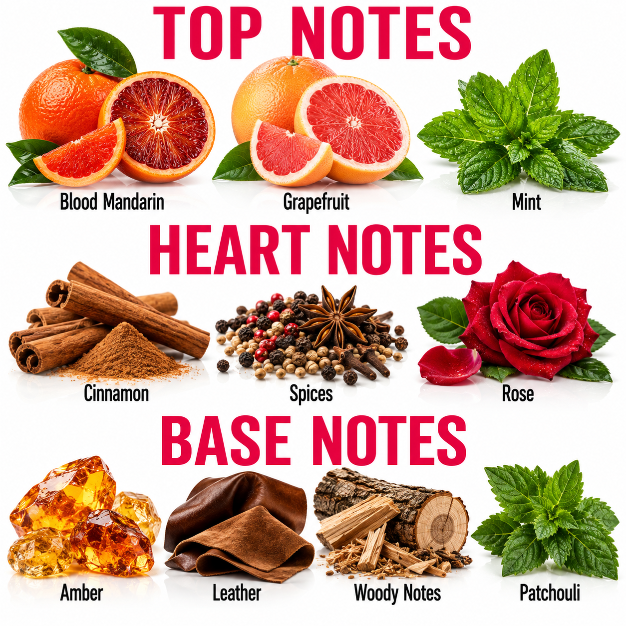 A fragrance notes graphic with the headings TOP NOTES, HEART NOTES, and BASE NOTES. The top notes section shows blood orange, grapefruit, and mint.