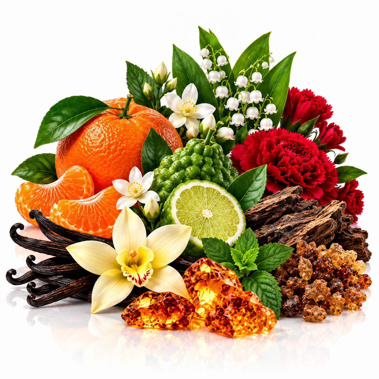 A vibrant botanical and botanical fragrance blend featuring fresh orange slices, a whole orange, a lime half, vanilla beans, white lily of the valley flowers, red carnations, a yellow orchid, green kumpir fruit, and amber resin crystals on a white background.