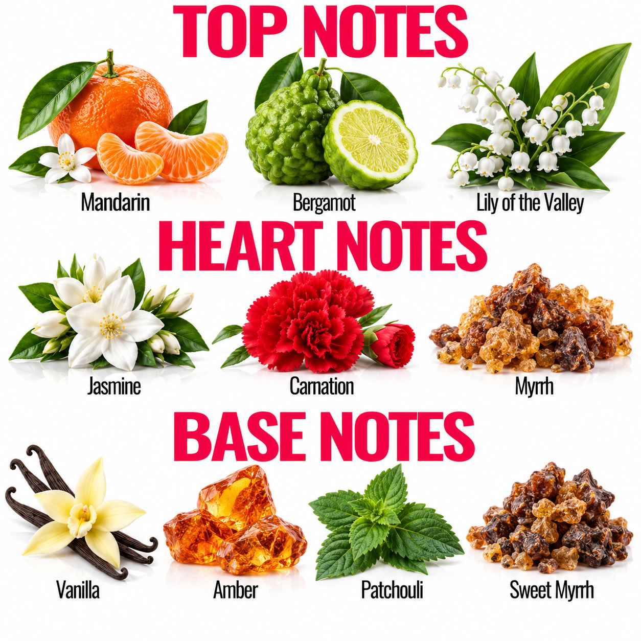 A fragrance notes chart with three labeled sections: TOP NOTES, HEART NOTES, and BASE NOTES. Each section shows a fruit or botanical illustration with the scent name underneath.