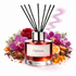Reed diffuser labeled 'Opium' surrounded by flowers and spices on a white background
