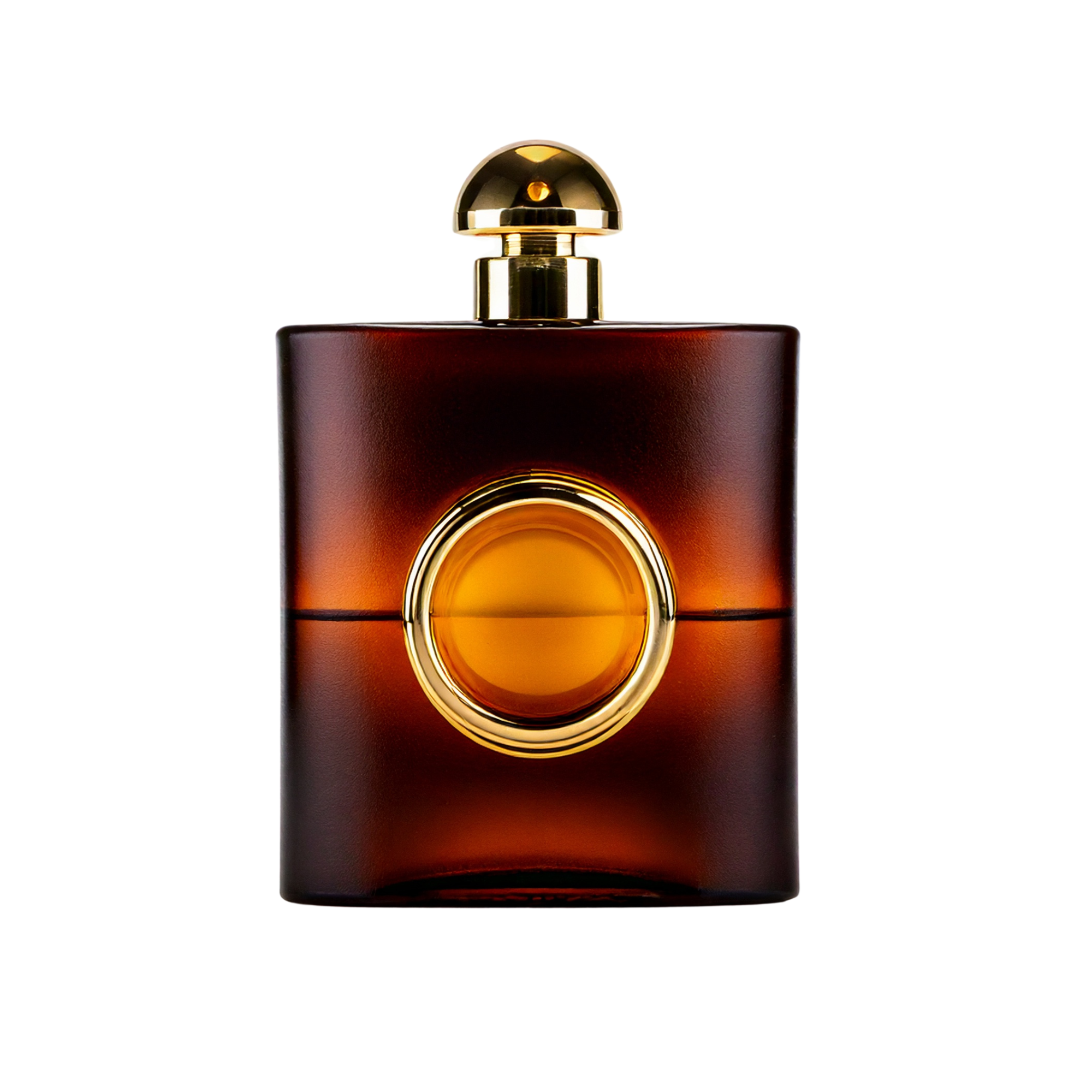 Dark amber glass perfume-style bottle with rounded square shape, gold cap, and circular centre detail, shown upright on a light background.