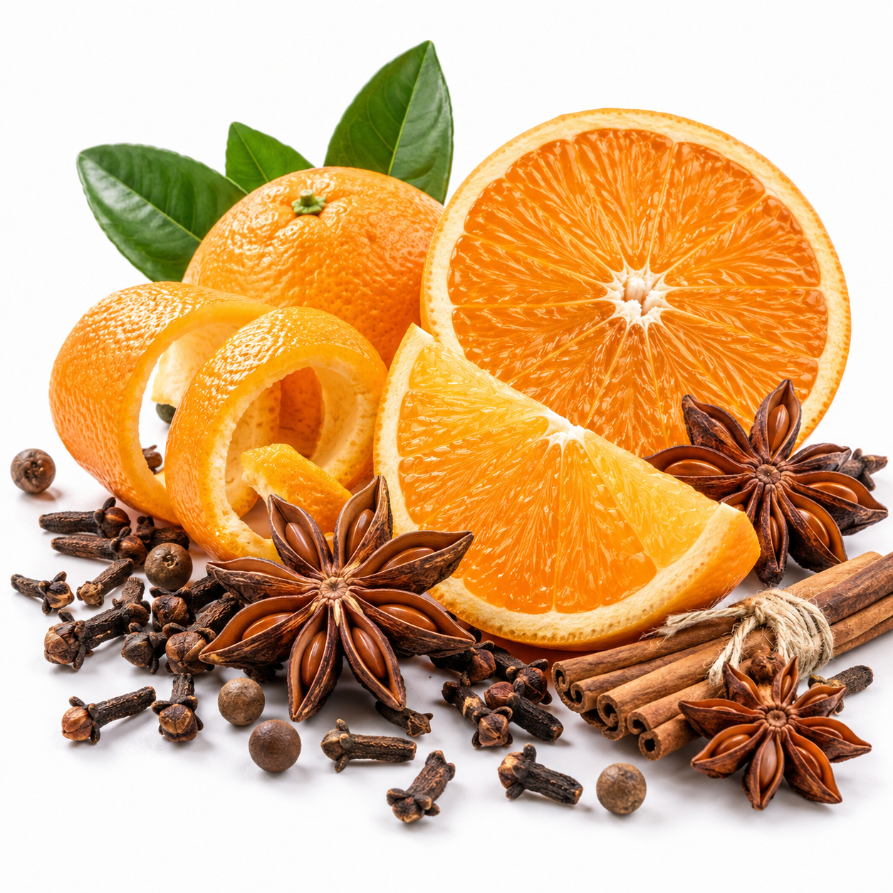 Fresh orange slices, orange peels, cinnamon sticks, cloves, and star anise arranged on a white background with green leaves visible on one orange.