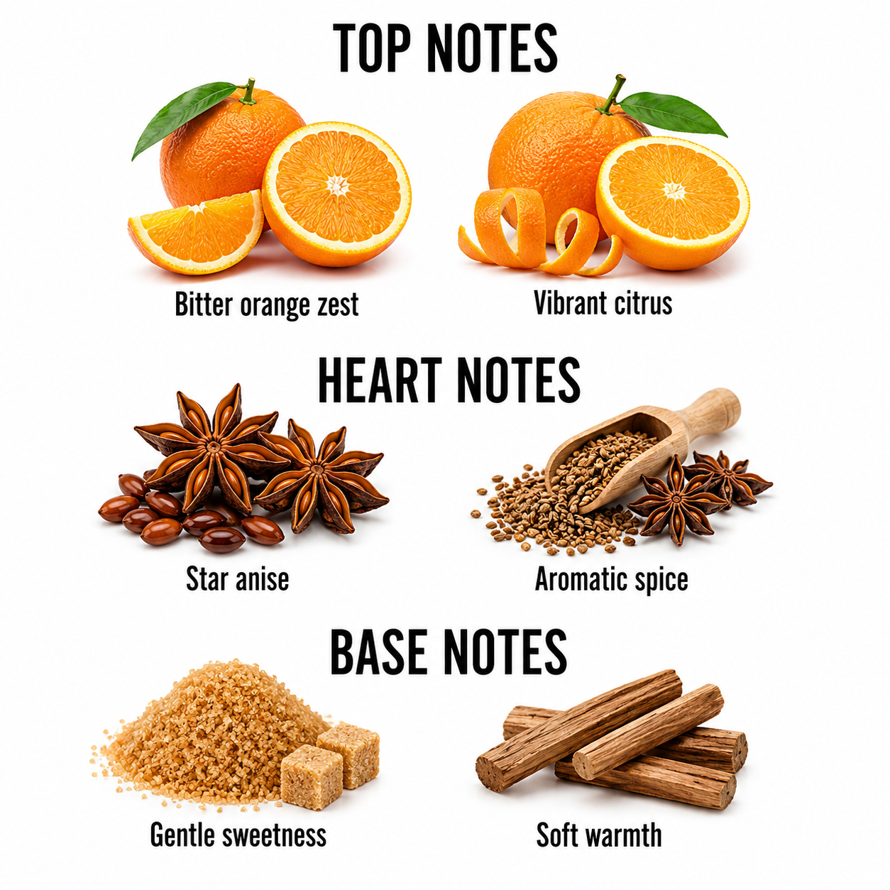 A fragrance notes graphic on a white background showing top, heart, and base notes with ingredient imagery: oranges labeled 'Bitter orange zest' and 'Vibrant citrus,' star anise and aromatic spice under 'Heart Notes,' and brown sugar cubes and cinnamon sticks under 'Base Notes.'.