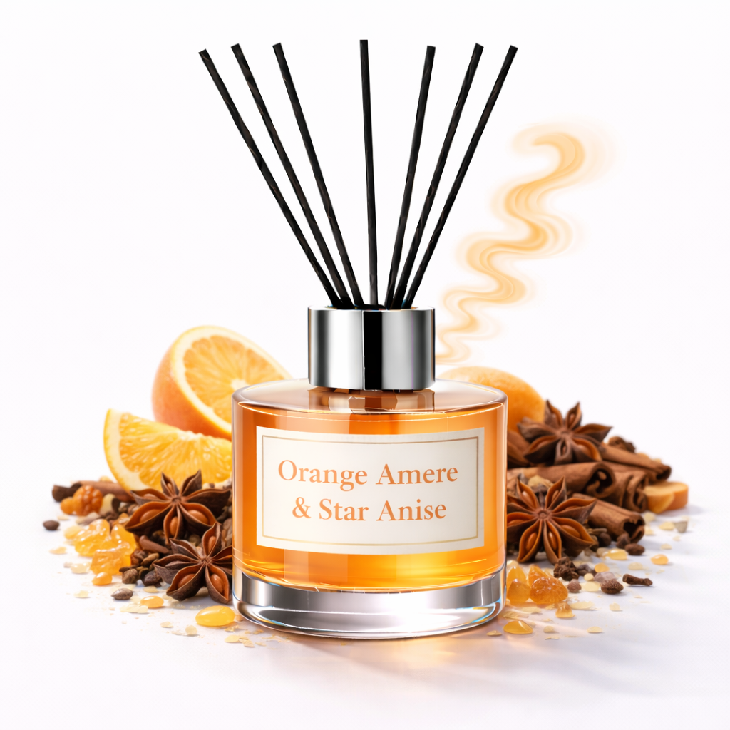 Orange Amere & Star Anise Reed Diffuser Oil In a clear bottle. Filled with orange oil sr by spices & oranges on a white background 
