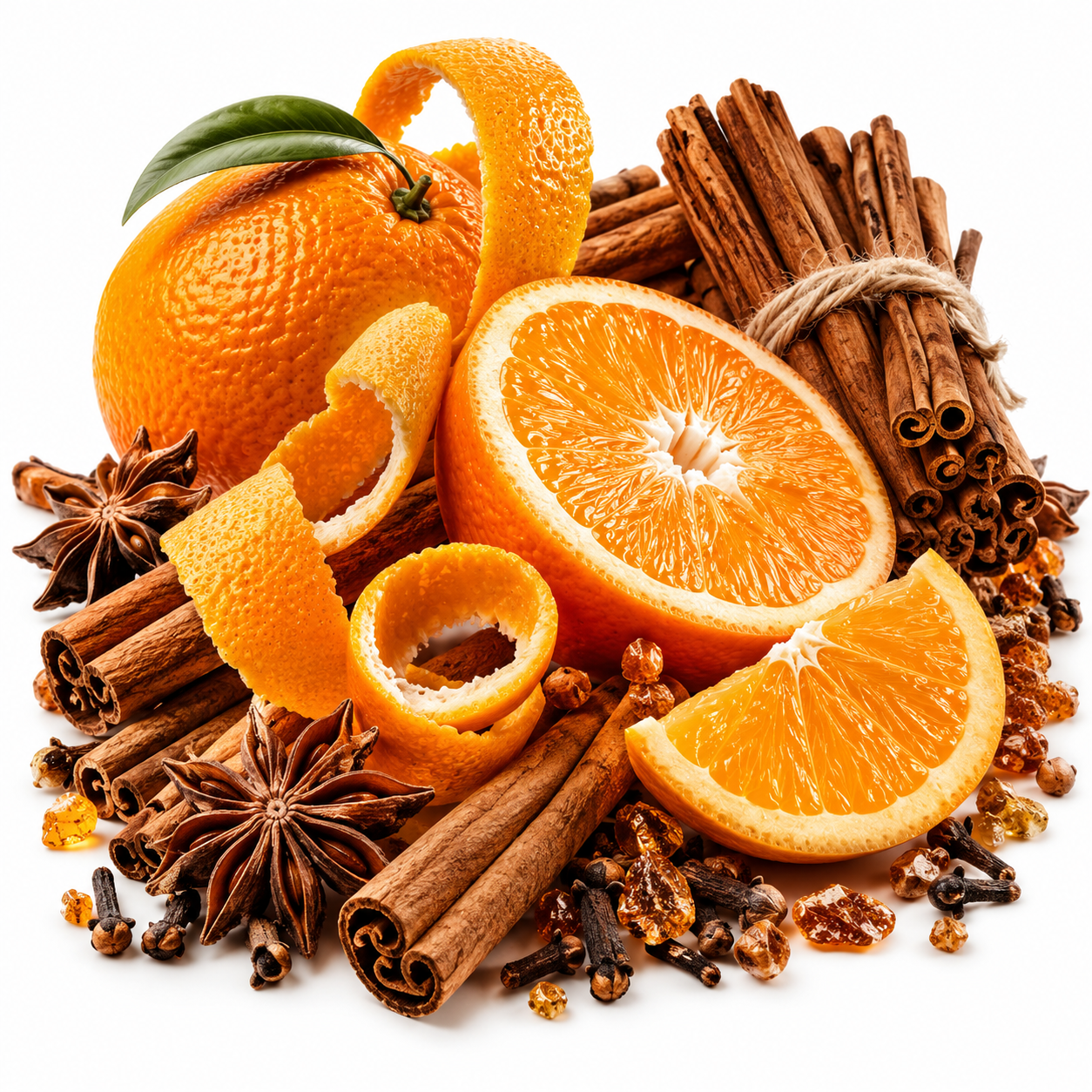 A styled arrangement of orange ingredients on a white background, including whole and sliced oranges, orange peels curled into a spiral, cinnamon sticks tied with twine, star anise, cloves, and nutmeg.