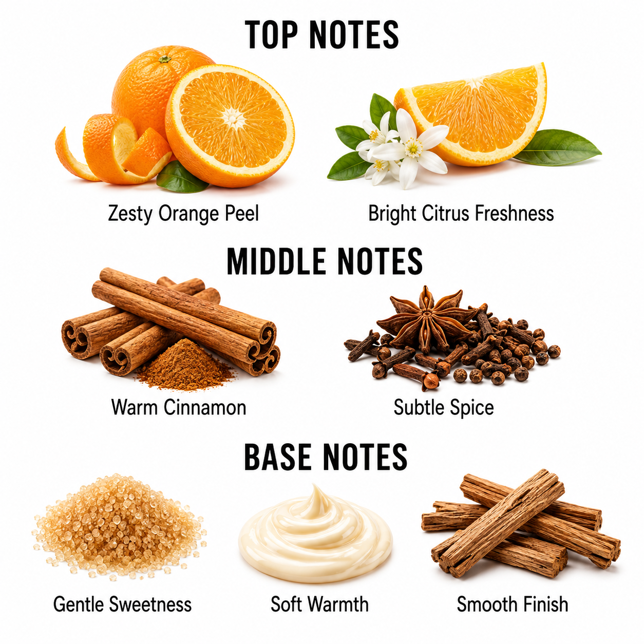 A fragrance notes graphic on a white background with the headings TOP NOTES, MIDDLE NOTES, and BASE NOTES. Top notes show oranges, orange slices, a white flower, and green leaves labeled Zesty Orange Peel and Bright Citrus Freshness.