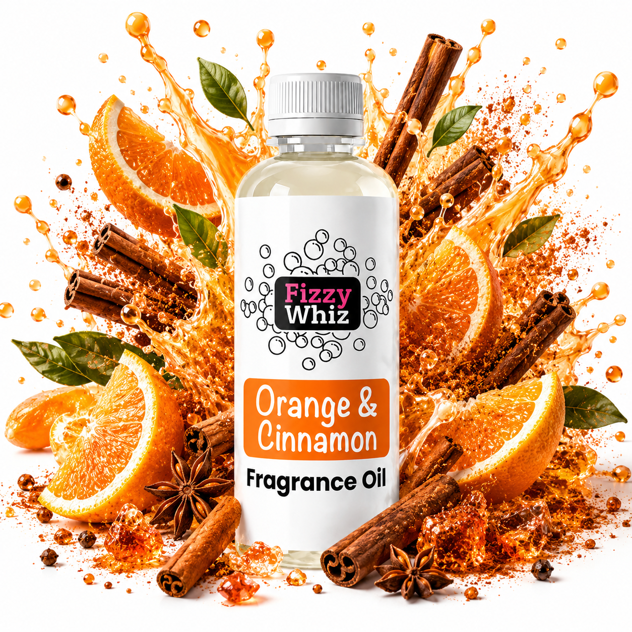 A bottle of Fizzy Whiz Orange & Cinnamon Fragrance Oil centered against a white background, surrounded by a dynamic splash of orange juice, sliced oranges, cinnamon sticks, star anise, and scattered cinnamon powder.