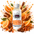 A bottle of Fizzy Whiz Orange & Cinnamon Fragrance Oil centered against a white background, surrounded by a dynamic splash of orange juice, sliced oranges, cinnamon sticks, star anise, and scattered cinnamon powder.