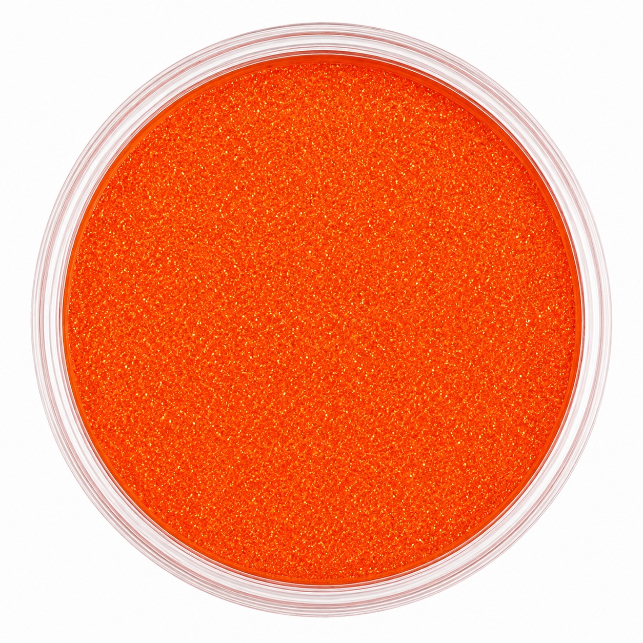 Bright orange glitter powder in a clear round plastic container, shown from a top-down view on a white background.