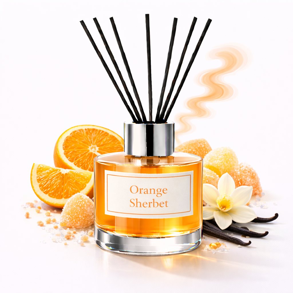 Orange Sherbet Reed Diffuser Oil with oranges, sherbet sweets and vanilla pods on a white background