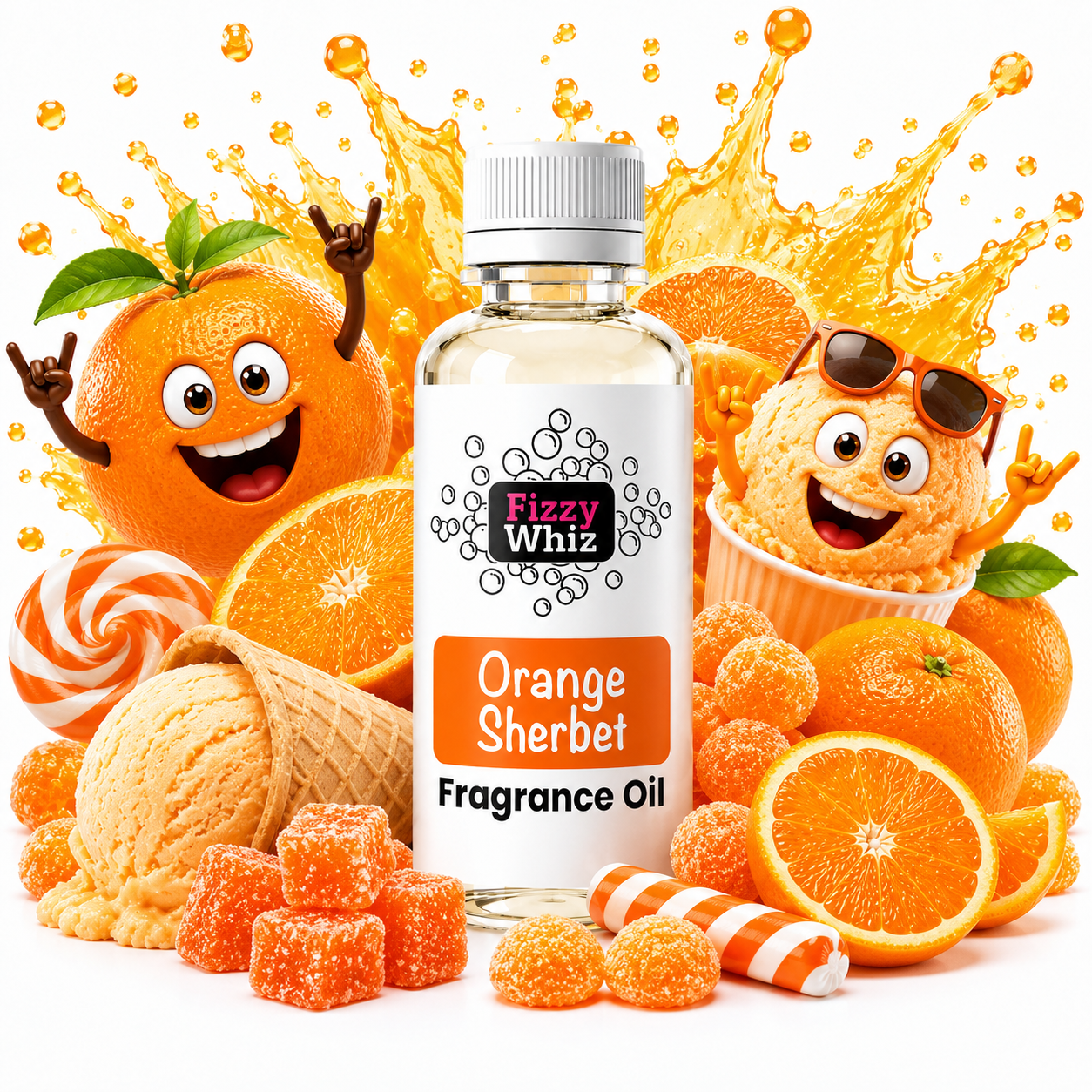 A bottle of Fizzy Whiz Orange Sherbet Fragrance Oil centered on a white background, surrounded by illustrated oranges, candy, ice cream, and orange juice splashes. The bottle label reads 'Fizzy Whiz' and 'Orange Sherbet Fragrance Oil.
