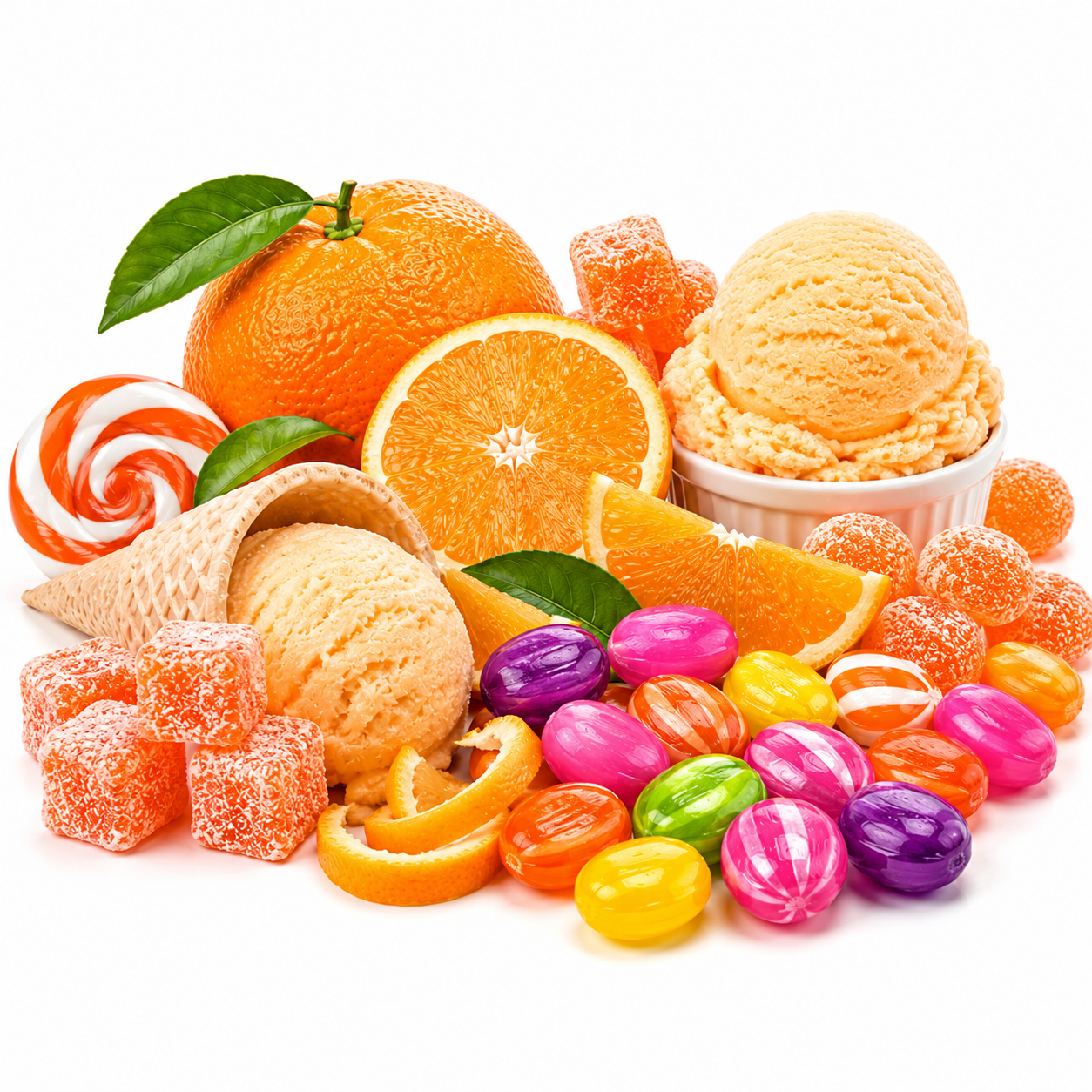 A colorful assortment of citrus-themed sweets and ice cream, including orange ice cream scoops in cones, a bowl of vanilla ice cream, orange candies, gummy bears, and striped lollipops, arranged on a white background.