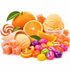 A colorful assortment of citrus-themed sweets and ice cream, including orange ice cream scoops in cones, a bowl of vanilla ice cream, orange candies, gummy bears, and striped lollipops, arranged on a white background.