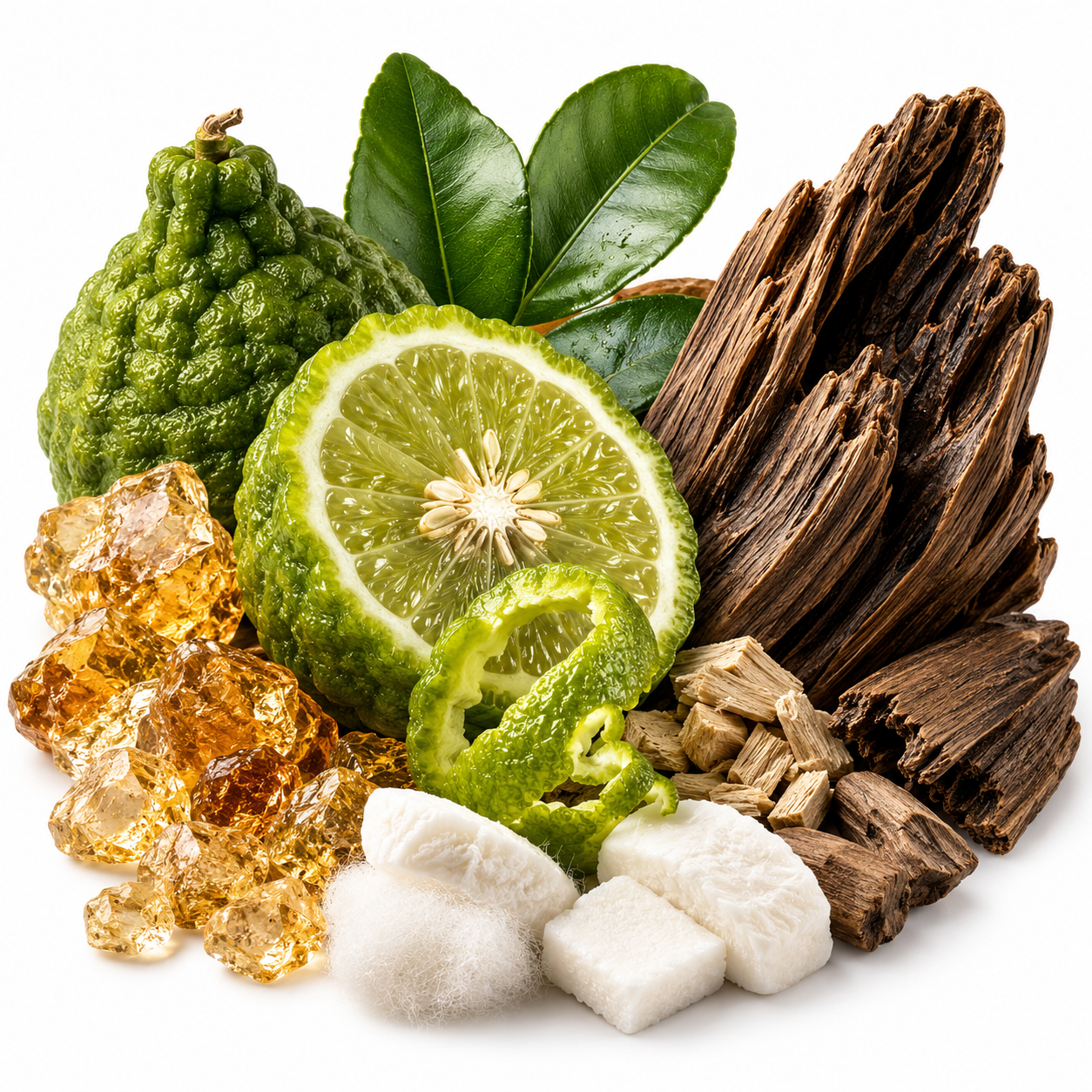 A styled arrangement of natural ingredients on a white background, including a green bergamot-like citrus fruit, a sliced lime, a curled lime peel, amber crystalline sugar, white sugar cubes, and dark brown bark pieces.