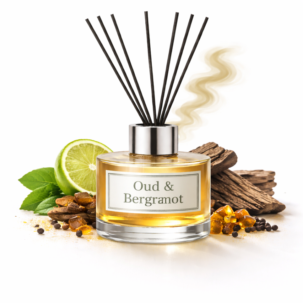 Reed diffuser labeled 'Oud & Bergranat' with decorative elements on a white background