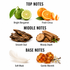 A fragrance notes graphic on a white background with labeled sections for Top Notes, Middle Notes, and Base Notes. Top Notes show a green bergamot fruit and a sliced orange labeled Fresh Citrus.