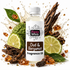 A bottle of Fizzy Whiz Oud & Bergamot Fragrance Oil centered against a white background, surrounded by decorative ingredients representing the scent profile: bergamot slices, green leaves, dark wood bark, and amber crystals with liquid splashes.
