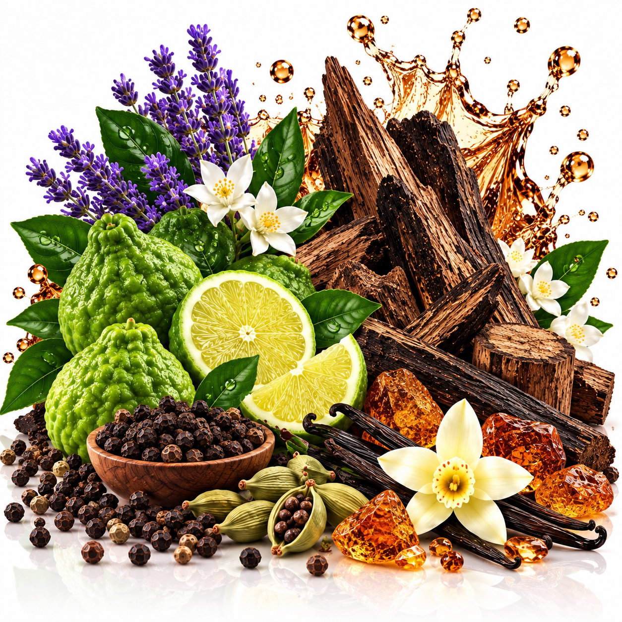 A styled botanical still life featuring dark brown wood bark, sliced lime, green bumpy fruit, purple lavender, white flowers, vanilla beans, cardamom pods, peppercorns, amber crystals, and a wooden bowl on a white background with a glossy liquid splash effect.