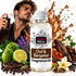 A bottle of Fizzy Whiz Oud & Bergamot Fragrance Oil is centered against a white background with a large golden fragrance splash behind it. A man holding a perfume bottle appears on the left, while citrus, spices, flowers, and herbs surround the bottle as scent ingredients.