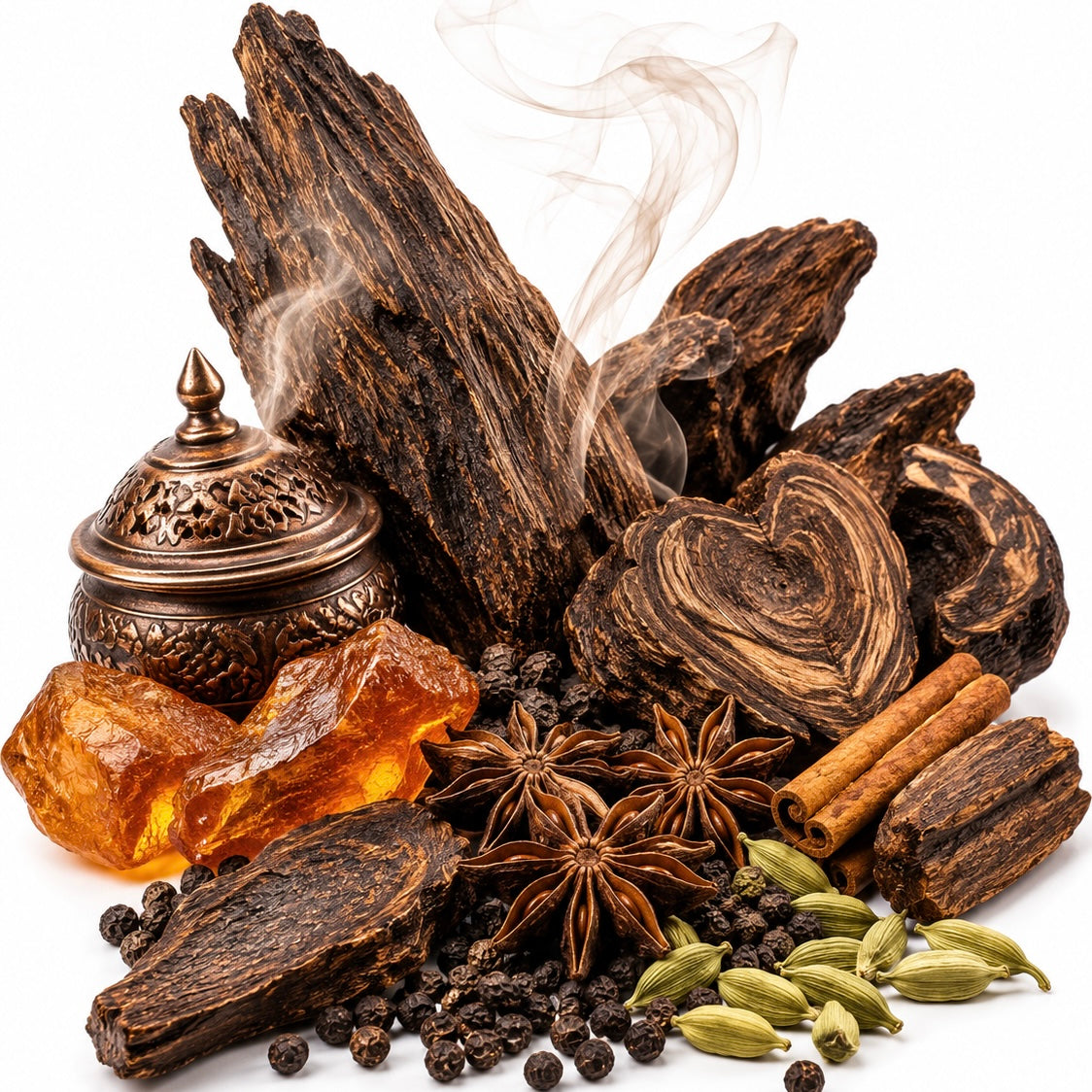 A styled arrangement of whole spices and natural ingredients on a white background, including dark wood bark, cinnamon sticks, star anise, cardamom pods, black peppercorns, amber sugar, and a bronze-toned metal incense burner with visible steam.