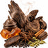A styled arrangement of whole spices and natural ingredients on a white background, including dark wood bark, cinnamon sticks, star anise, cardamom pods, black peppercorns, amber sugar, and a bronze-toned metal incense burner with visible steam.