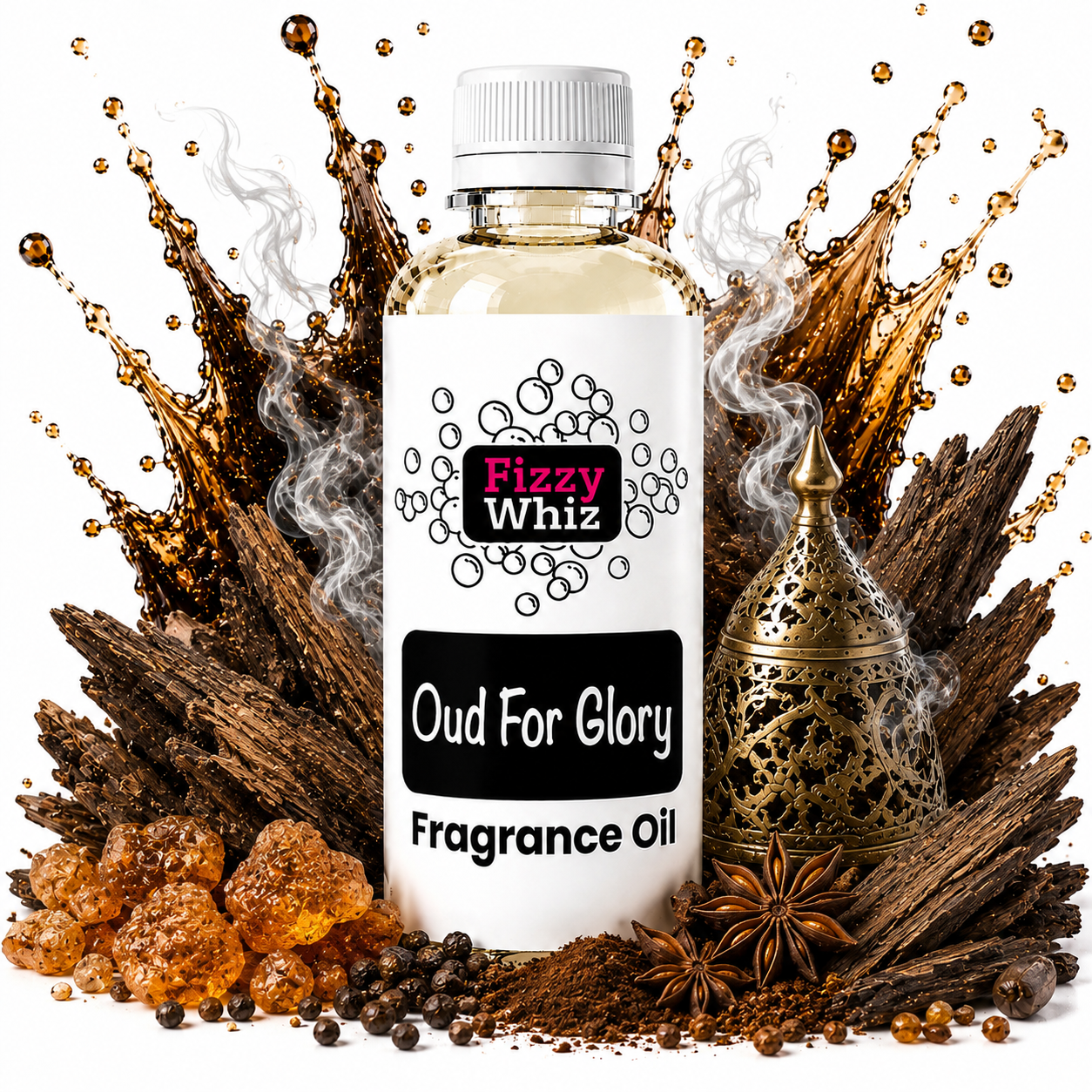 A bottle of Fizzy Whiz 'Oud For Glory' fragrance oil centered against a white background, surrounded by decorative props including amber crystals, star anise, a brass incense burner, and stylized smoke and wood textures.