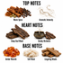 A fragrance notes graphic showing top, heart, and base notes with corresponding imagery and labels: warm spice, aromatic intensity, deep oud wood, smoky richness, amber warmth, soft musk, and lingering woods.