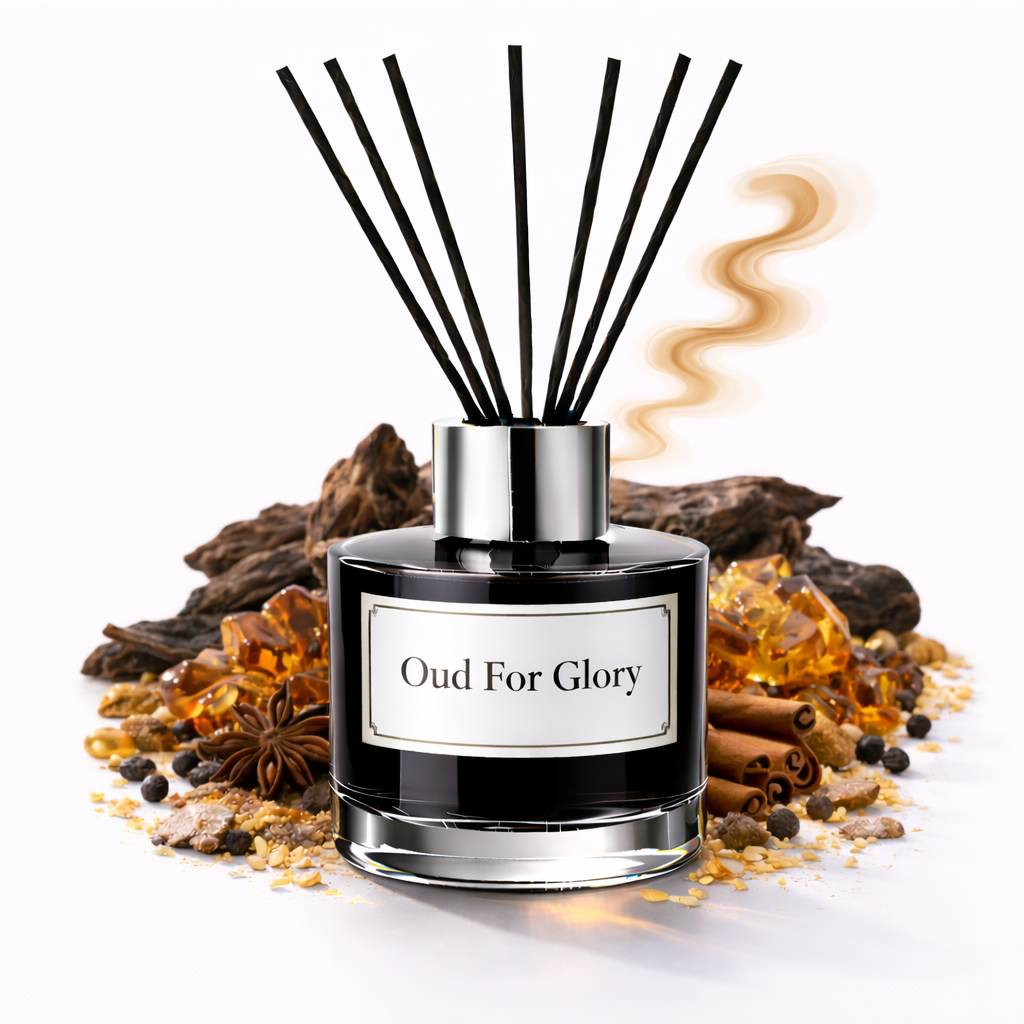 Diffuser labeled 'Oud For Glory' with aromatic elements on a white background