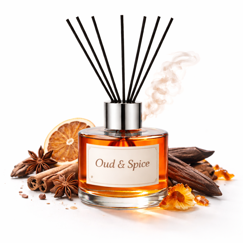 Diffuser bottle labeled 'Oud & Spice' with aromatic elements on a white background