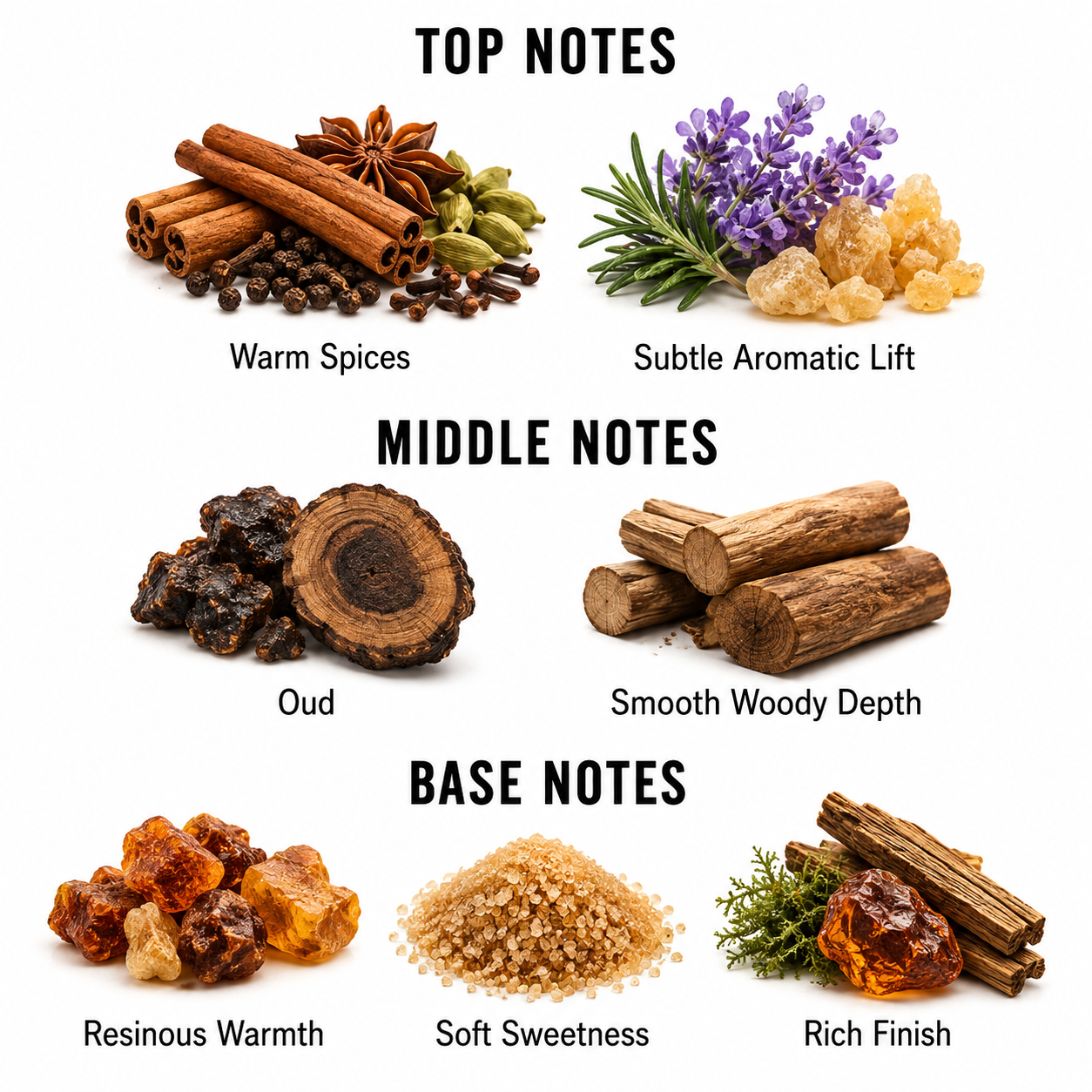 A fragrance notes infographic showing top, middle, and base notes with labeled spice and botanical ingredients on a white background. The top notes include warm spices and subtle aromatic lift; the middle notes include oud and smooth woody depth; the base notes include resinous warmth, soft sweetness, and rich finish.