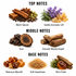 A fragrance notes infographic showing top, middle, and base notes with labeled spice and botanical ingredients on a white background. The top notes include warm spices and subtle aromatic lift; the middle notes include oud and smooth woody depth; the base notes include resinous warmth, soft sweetness, and rich finish.