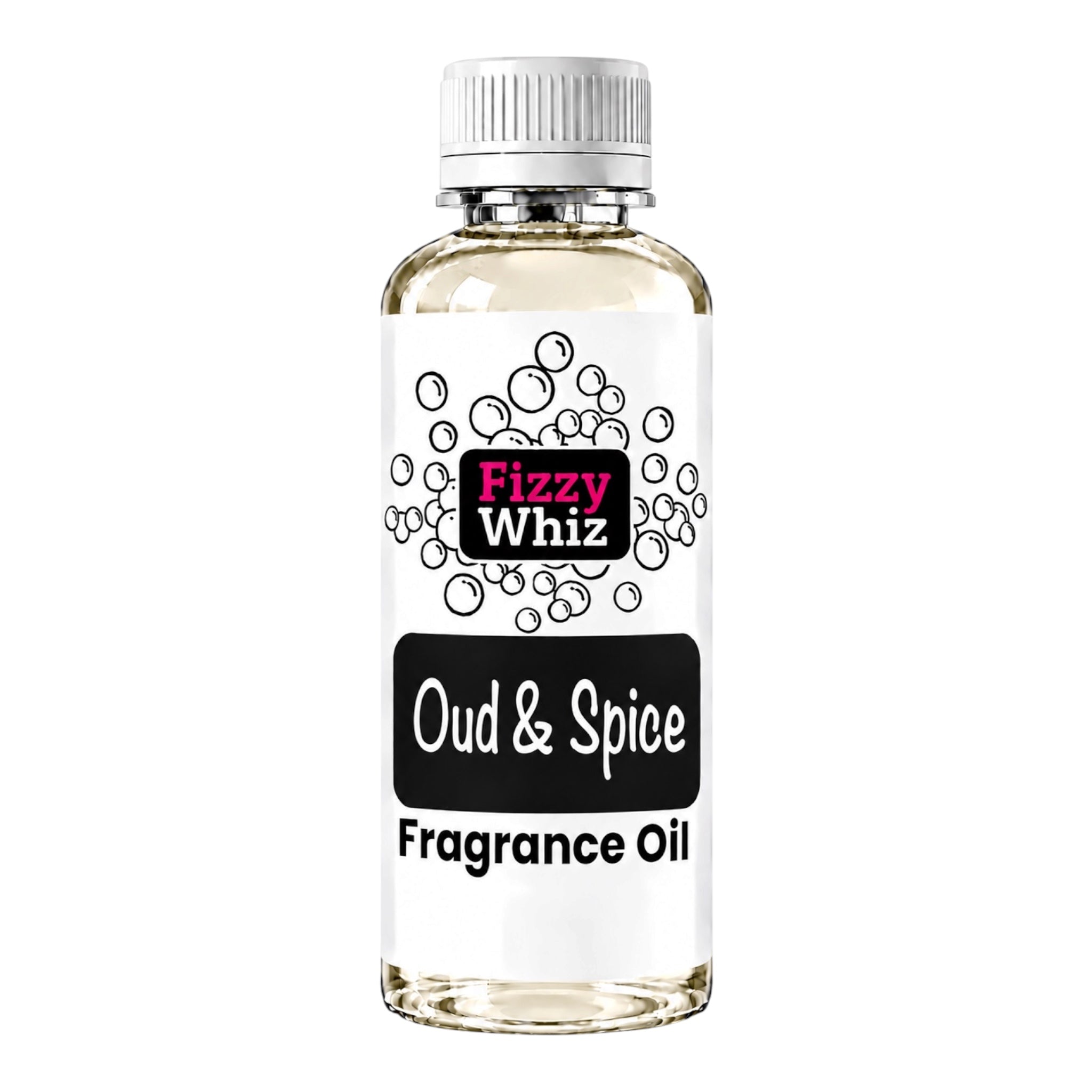 A bottle of Fizzy Whiz Oud & Spice Fragrance Oil on a solid white background. The clear glass bottle shows the pale yellow liquid inside, topped with a white ribbed cap and a white label featuring black text and graphics.