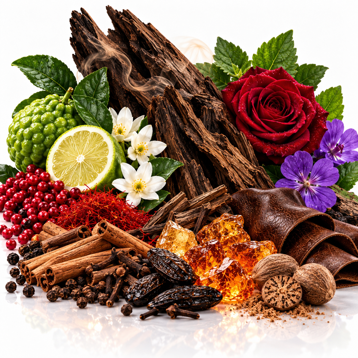 A styled botanical still life featuring dried bark, cinnamon sticks, cloves, amber crystals, red berries, a lime slice, white and purple flowers, and a red rose on a white reflective surface.