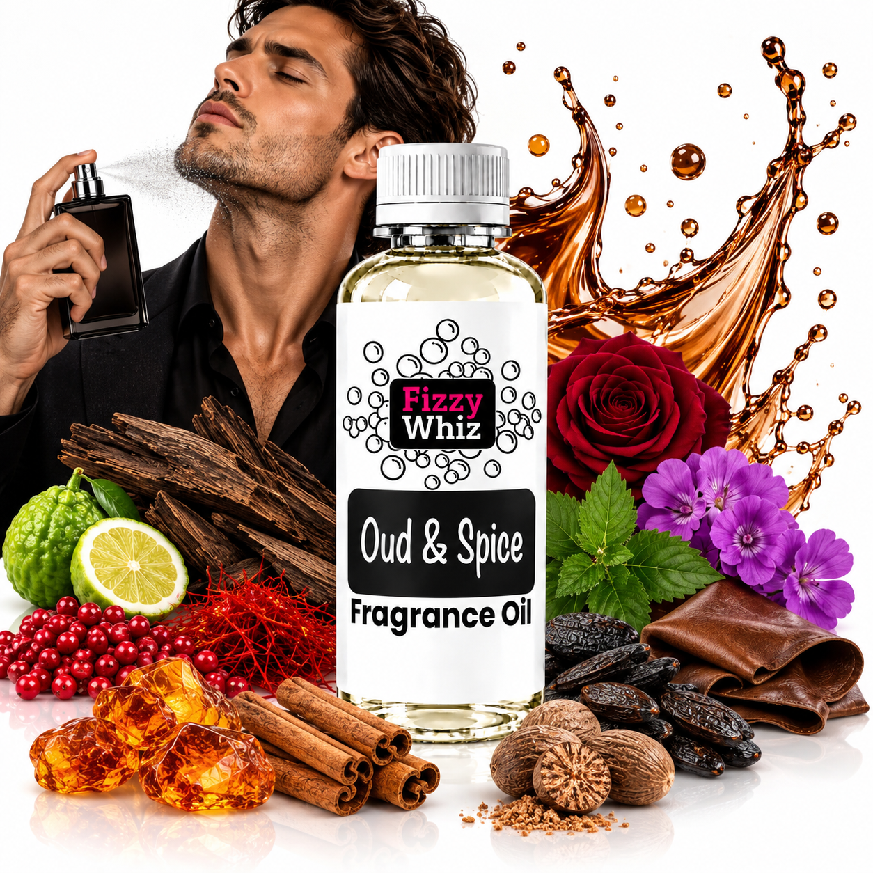 A bottle of Fizzy Whiz Oud & Spice Fragrance Oil centered on a white background, surrounded by scent ingredients including cinnamon sticks, amber resin, cloves, nutmeg, red berries, purple flowers, green leaves, bark, and a man holding a perfume spray bottle. A glossy brown spice splash graphic appears behind the bottle.