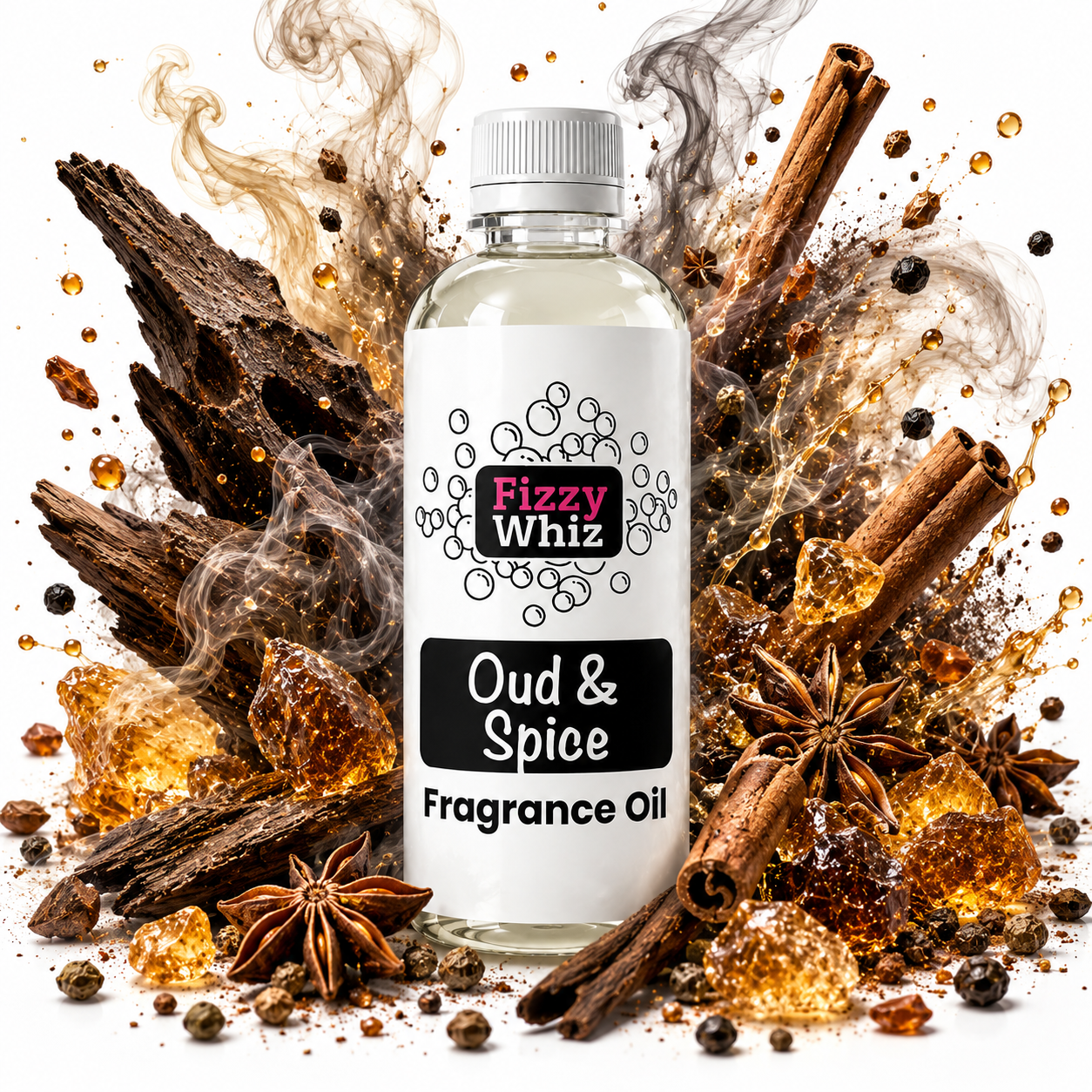A bottle of Fizzy Whiz Oud & Spice Fragrance Oil centered against a white background, surrounded by decorative spices and ingredients that suggest the scent profile, including cinnamon sticks, star anise, cloves, amber crystals, and smoke effects.
