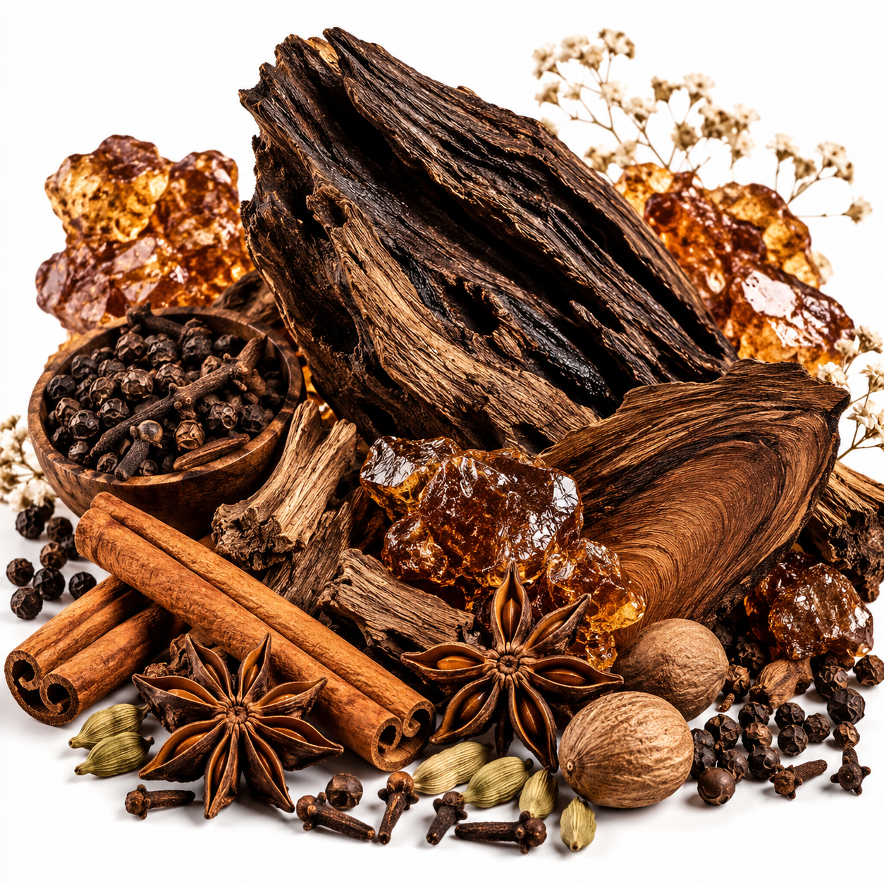 Rich oud wood surrounded by warm cinnamon, star anise, cloves, cardamom, peppercorns and glowing amber resin, creating a deep, warm and spicy fragrance.