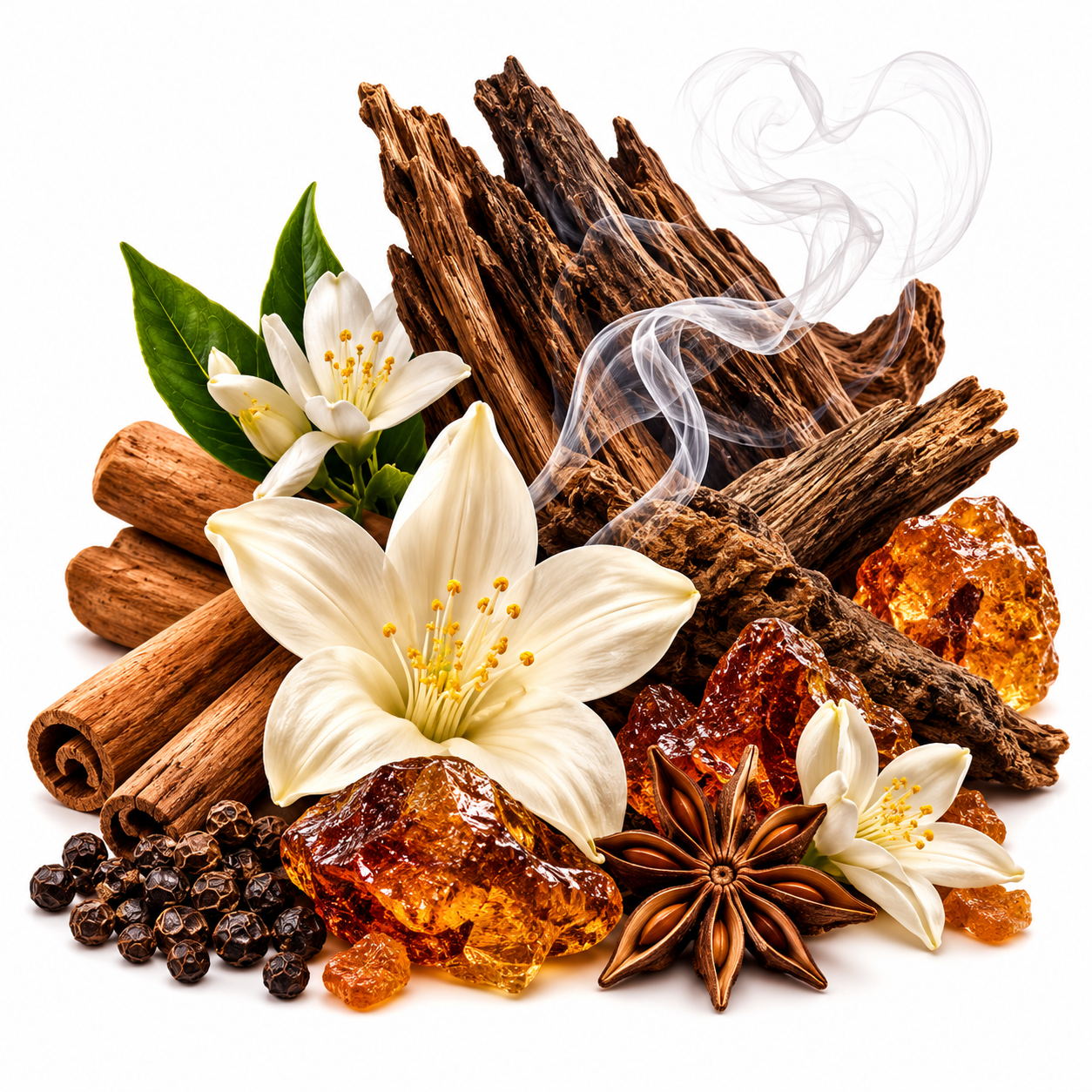 A styled arrangement of natural ingredients on a white background, including cinnamon sticks, amber crystals, star anise, black peppercorns, white lily flowers, and smoke curls.